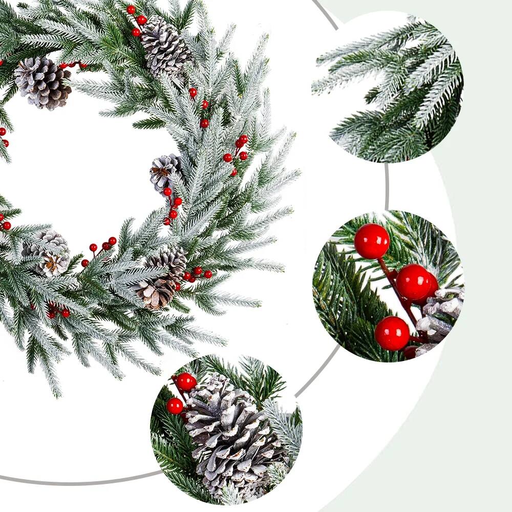 Alt View 2. MOVSSOU - 28" Artificial Christmas Wreath - Frosted Spruce with Pine Cones & Berries, Holiday Decor for Door & Wall - Green.