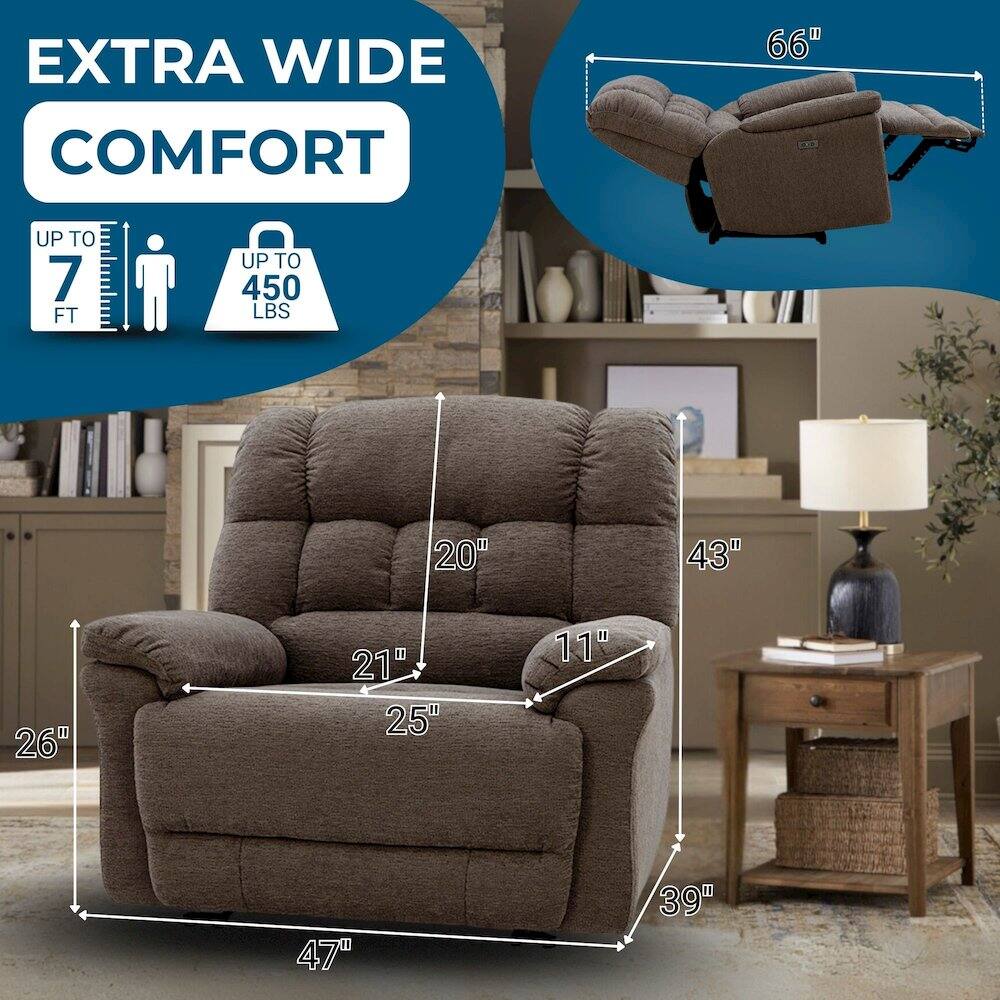 EXTRA WIDE COMFORT  
UP TO 7 FT  
UP TO 450 LBS  
66"  
20"  
43"  
26"  
21"  
25"  
11"  
47"  
39"