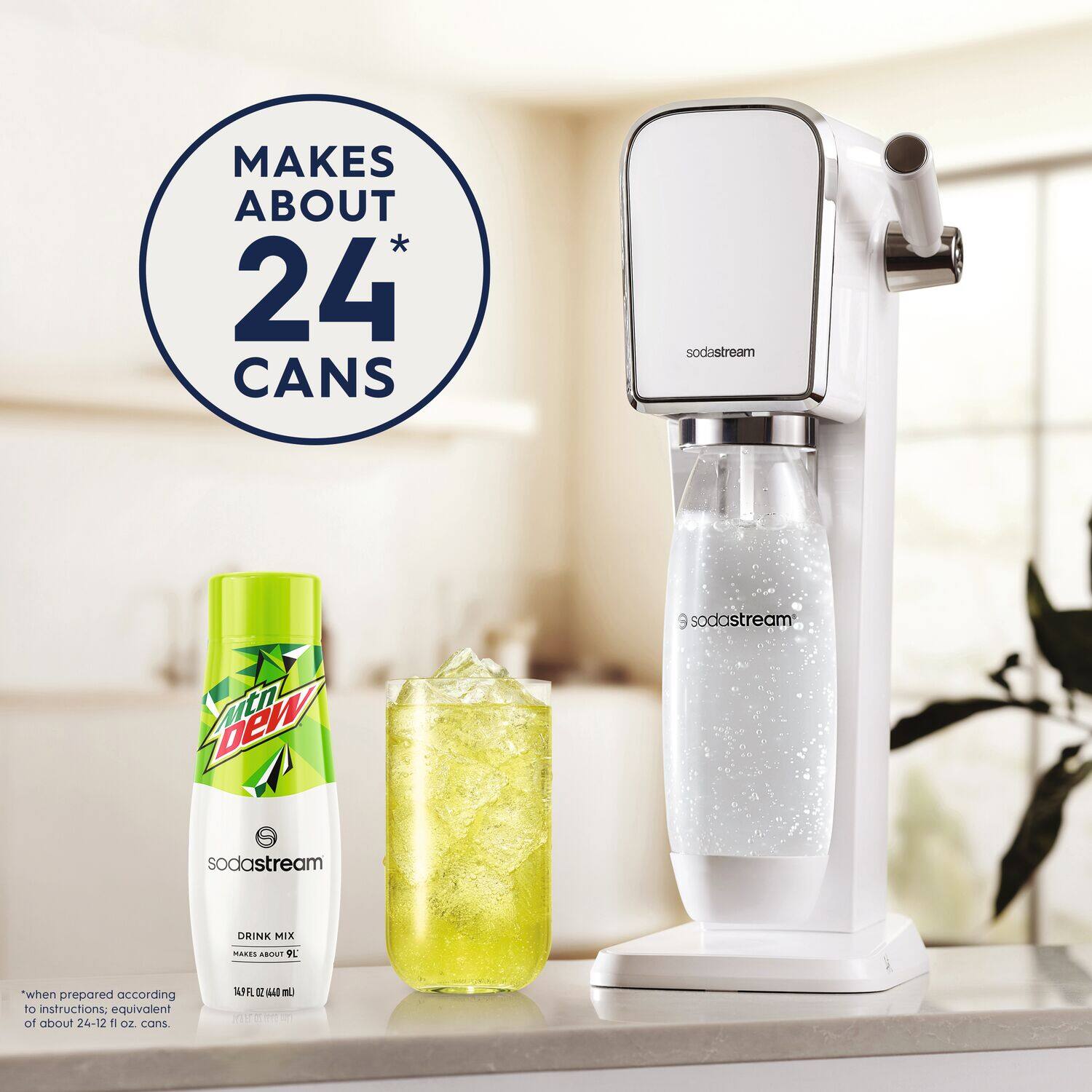 Makes about 24 CANS sodestream oew Atn 9 sodastream sodastream DRINK MIL MANES AROUND FL when prepared according to instructions: equivalent of about 24-12 OZ cans or 24-12 ml.
