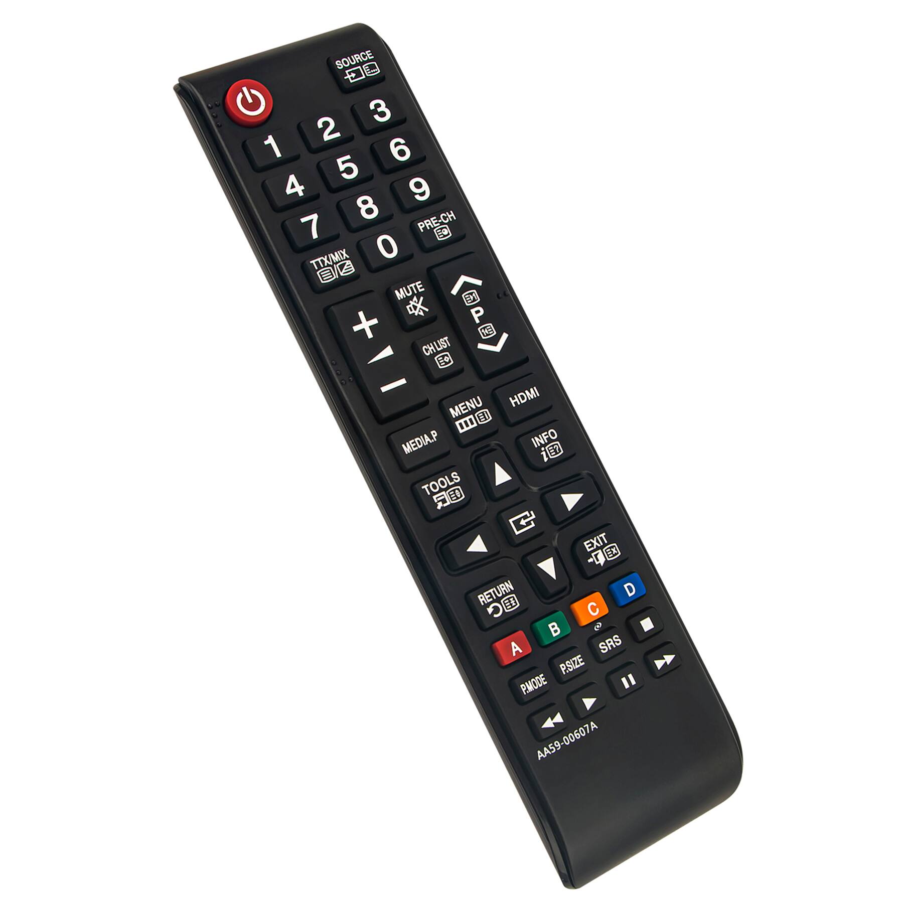 SOURCE 1 2 3 4 5 6 7 8 9 0 PRE-CH TTX/MIX MUTE CHLIST MENU HDMI INFO TOOLS EXIT RETURN A B C D SRS P.SIZE PMODE AA59-00607A