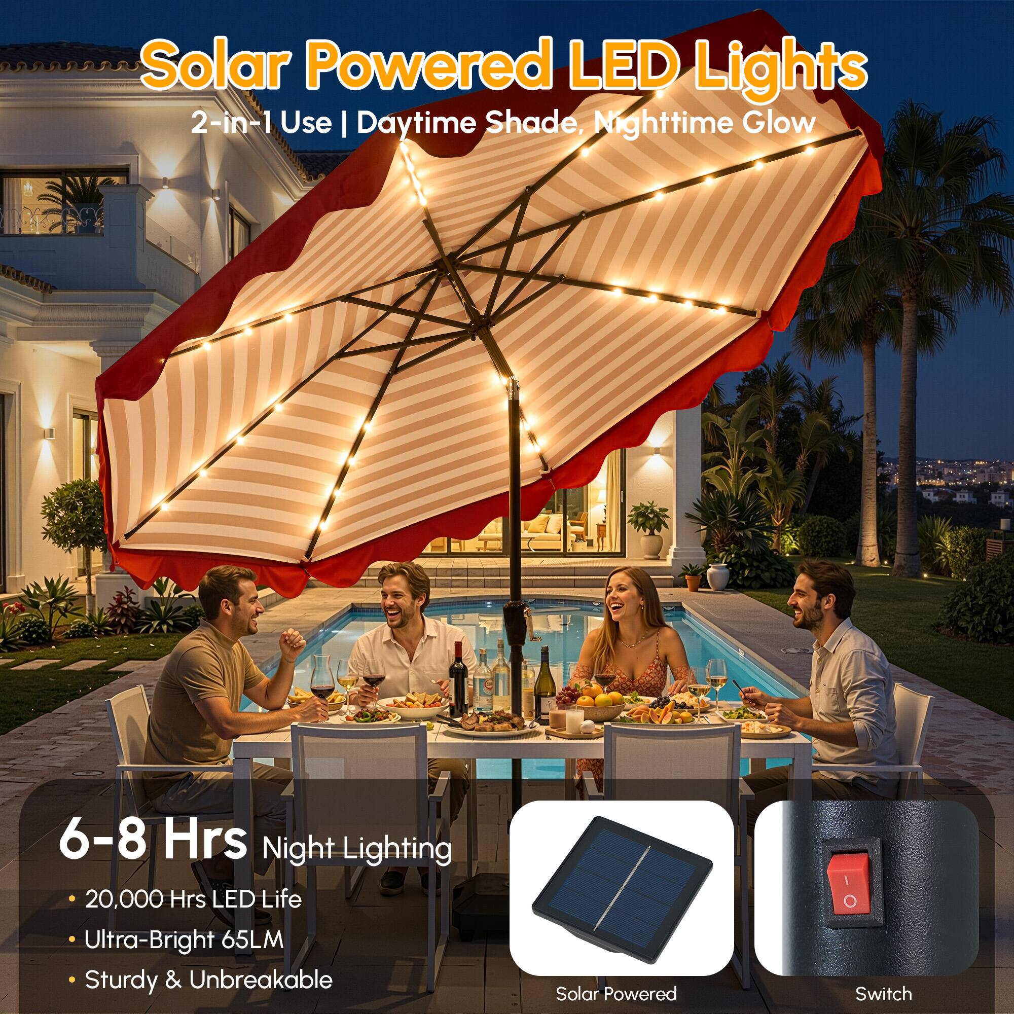 Solar Powered LED Lights  
2-in-1 Use | Daytime Shade, Nighttime Glow  

6-8 Hrs Night Lighting  
- 20,000 Hrs LED Life  
- Ultra-Bright 65LM  
- Sturdy & Unbreakable  

Solar Powered  
Switch