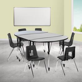 Emma + Oliver - Mobile 76" Oval Wave Collaborative Laminate Activity Table Set with 18" Student Stack Chairs, Grey/Black - Gray