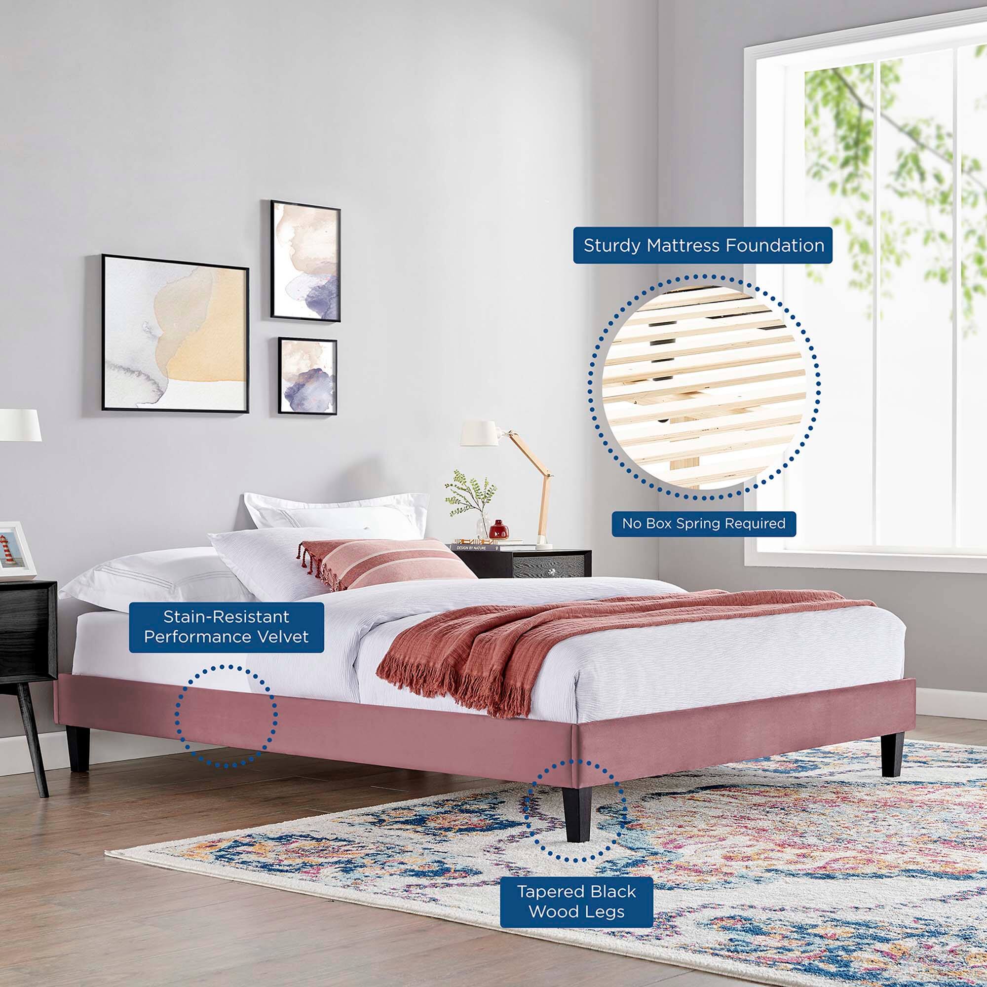 - Sturdy Mattress Foundation
- No Box Spring Required
- Stain-Resistant Performance Velvet
- Tapered Black Wood Legs