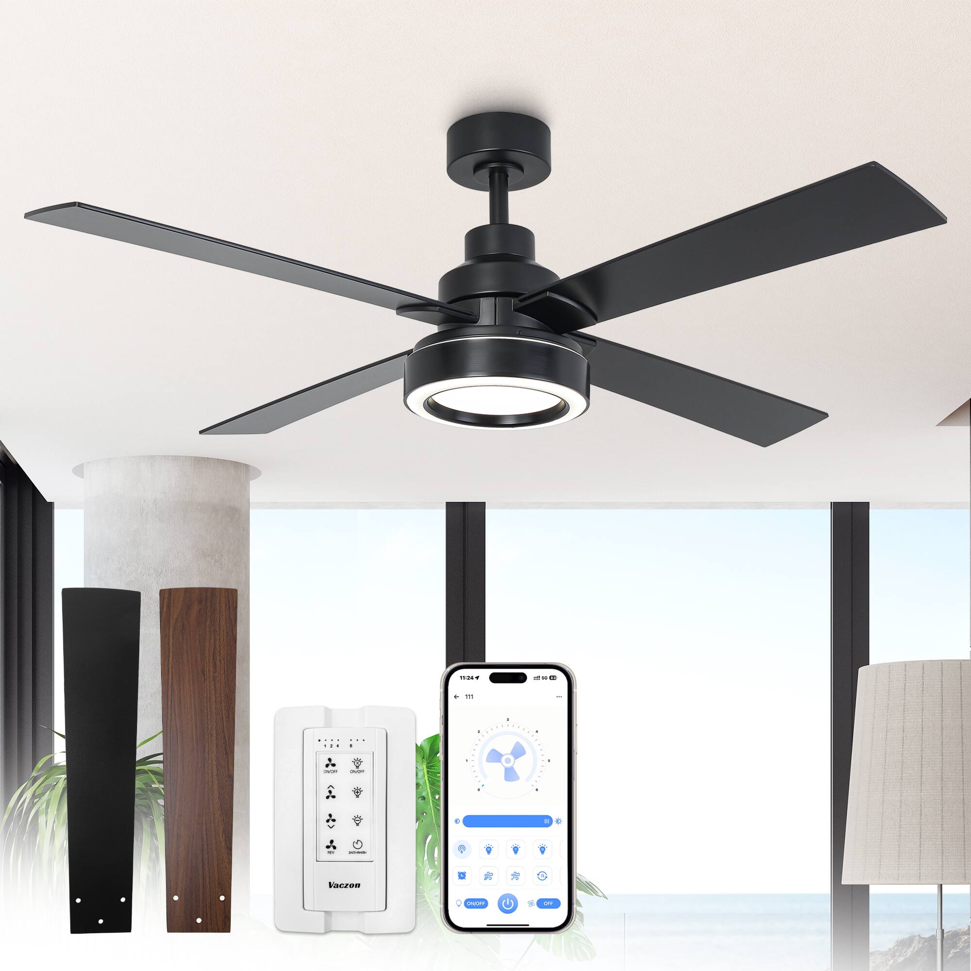 Vaczon - 52 Inch Modern 4 Blades DC Motor Ceiling Fan with LED Light and Remote Control and APP - Black