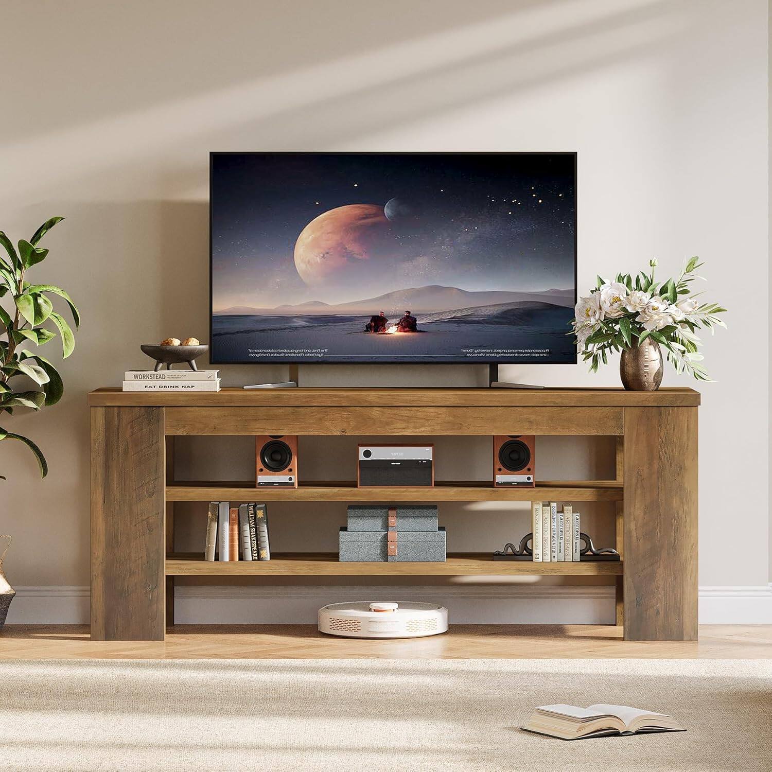 Tribesigns - 47" TV Stand for TVs up to 55 Inches, Farmhouse Entertainment Center with 3-Tier Open Storage Shelves, Media Console Cab - Brown