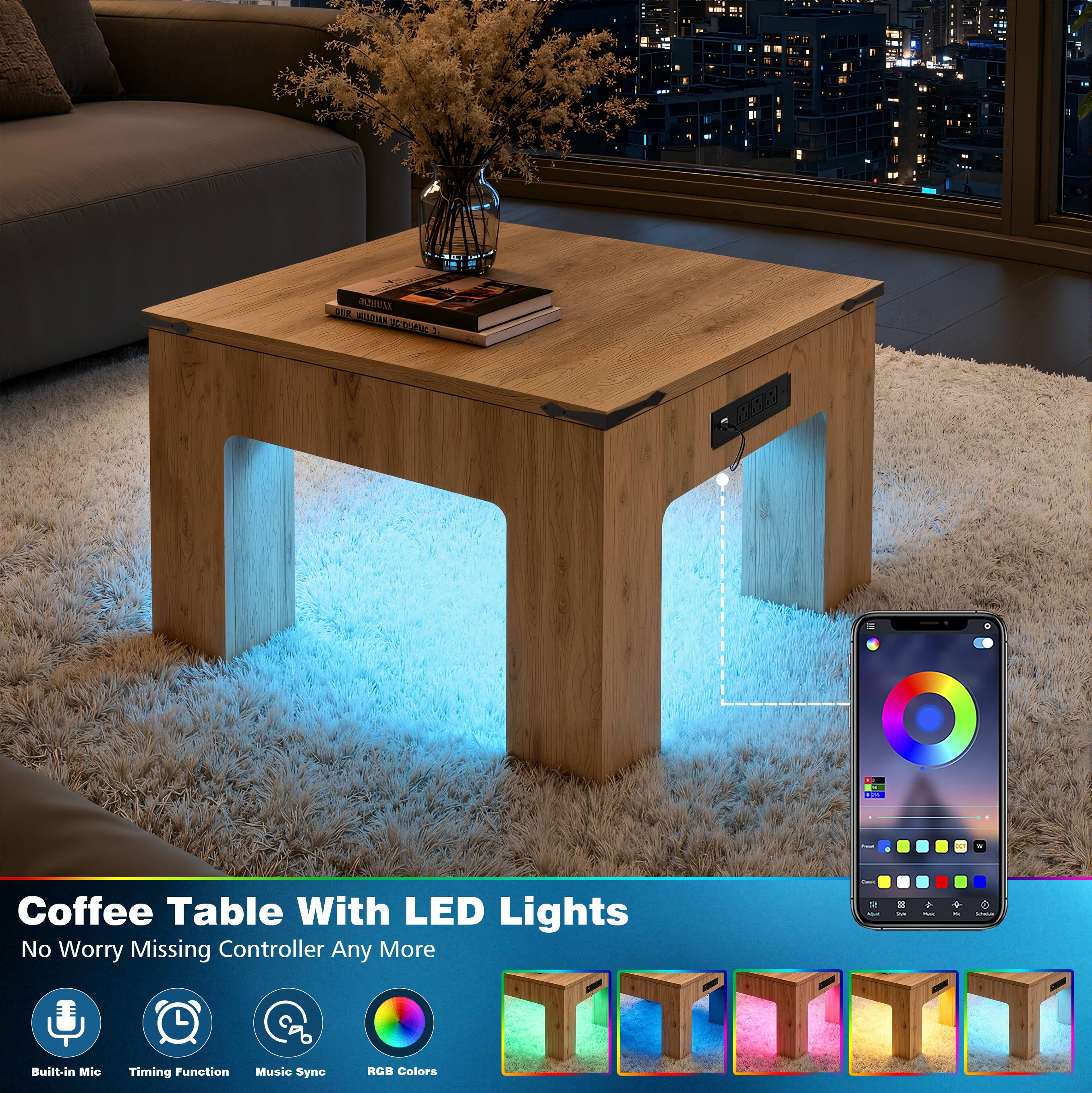 Coffee Table With LED Lights  
No Worry Missing Controller Any More  

- Built-in Mic  
- Timing Function  
- Music Sync  
- RGB Colors