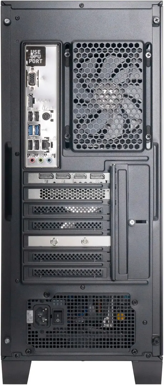 The text on the image reads "USE GPU PORT rsgrayper Usi 2V IC 12/  R - USd 100-240V- I 10.5A I  7 i s 3 1 d 1 I - I." This text is likely a description or specifications for the computer hardware, but it is not clear what each part of the text represents. It could be related to the power supply, GPU, or other components of the computer.