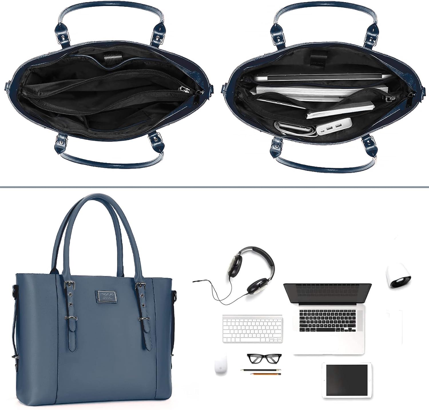 Left. mosiso - Waterproof PU Leather Laptop Bag for Women 15.6 Inch, Vintage Briefcase Shoulder Tote Computer Bag for Work & Office - Peacock Blue.