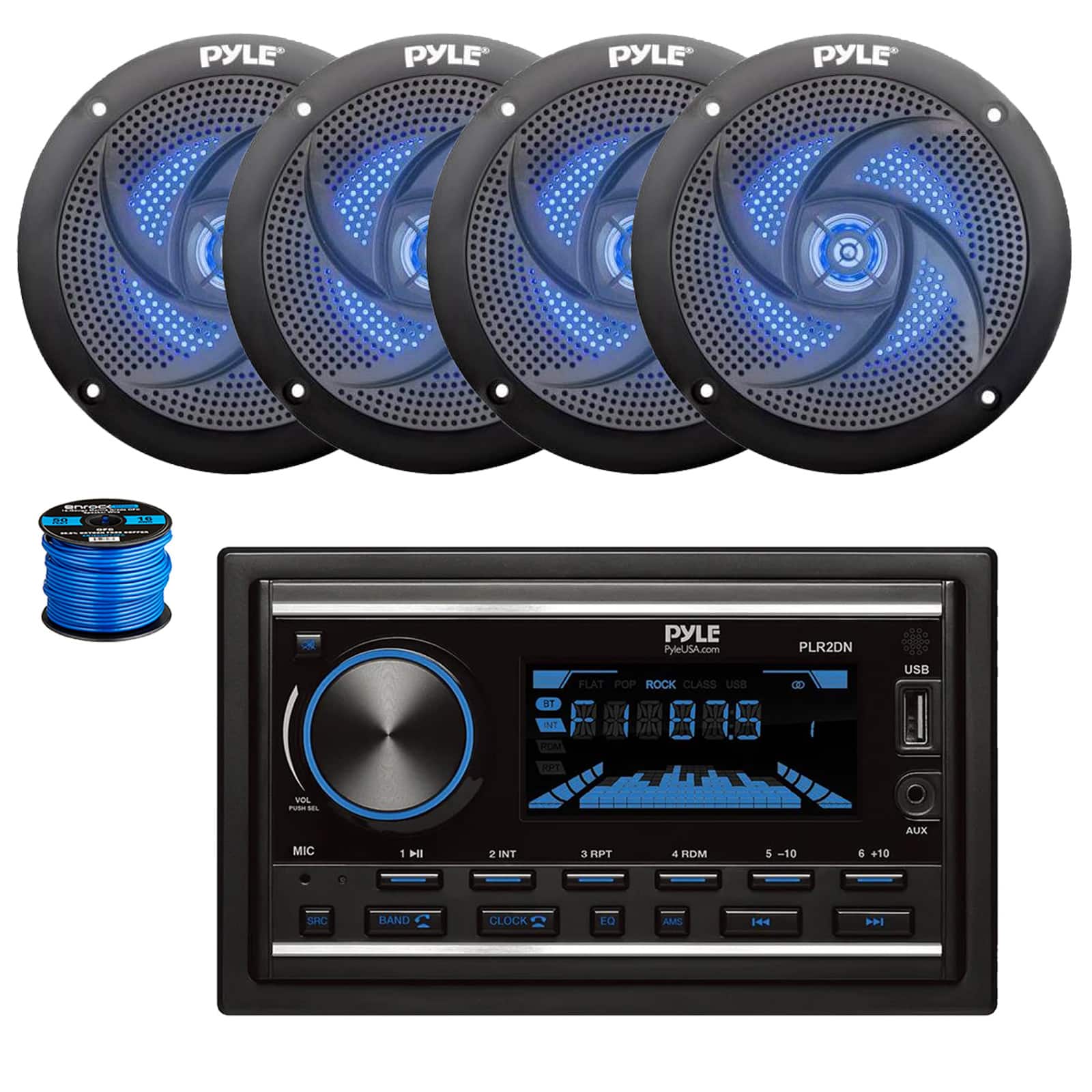 Pyle - PLR2DN Double DIN Bluetooth Marine Stereo Receiver, 4X 5.25" 180W Slim Profile Blue Flashing LED Speakers w/ Wire