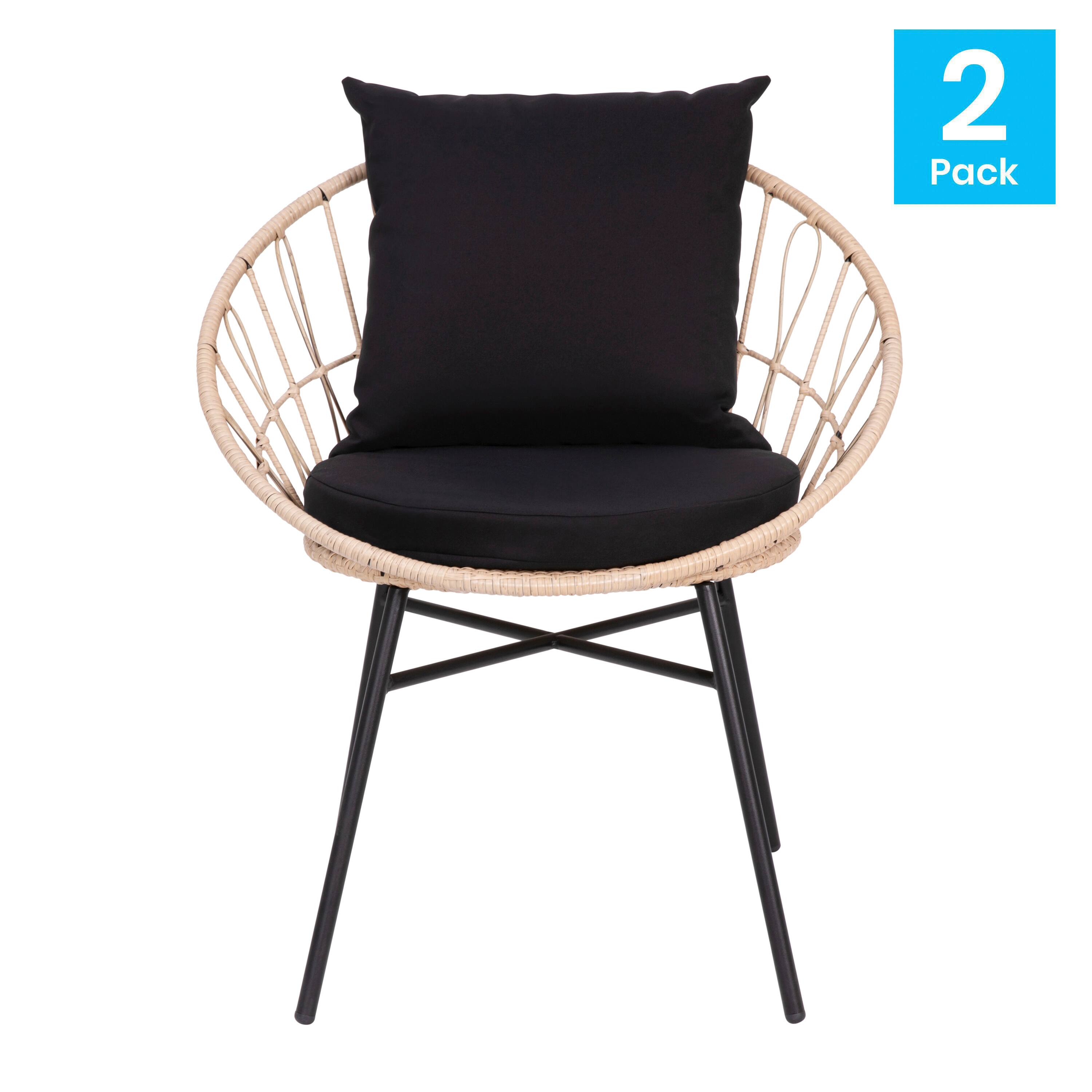 Alt View 1. Emma + Oliver - Ari Set of Two All-Weather Boho Papasan Style Finish Faux Rattan Rope Patio Chairs with Cushions - Black Fabric/Tan Frame.