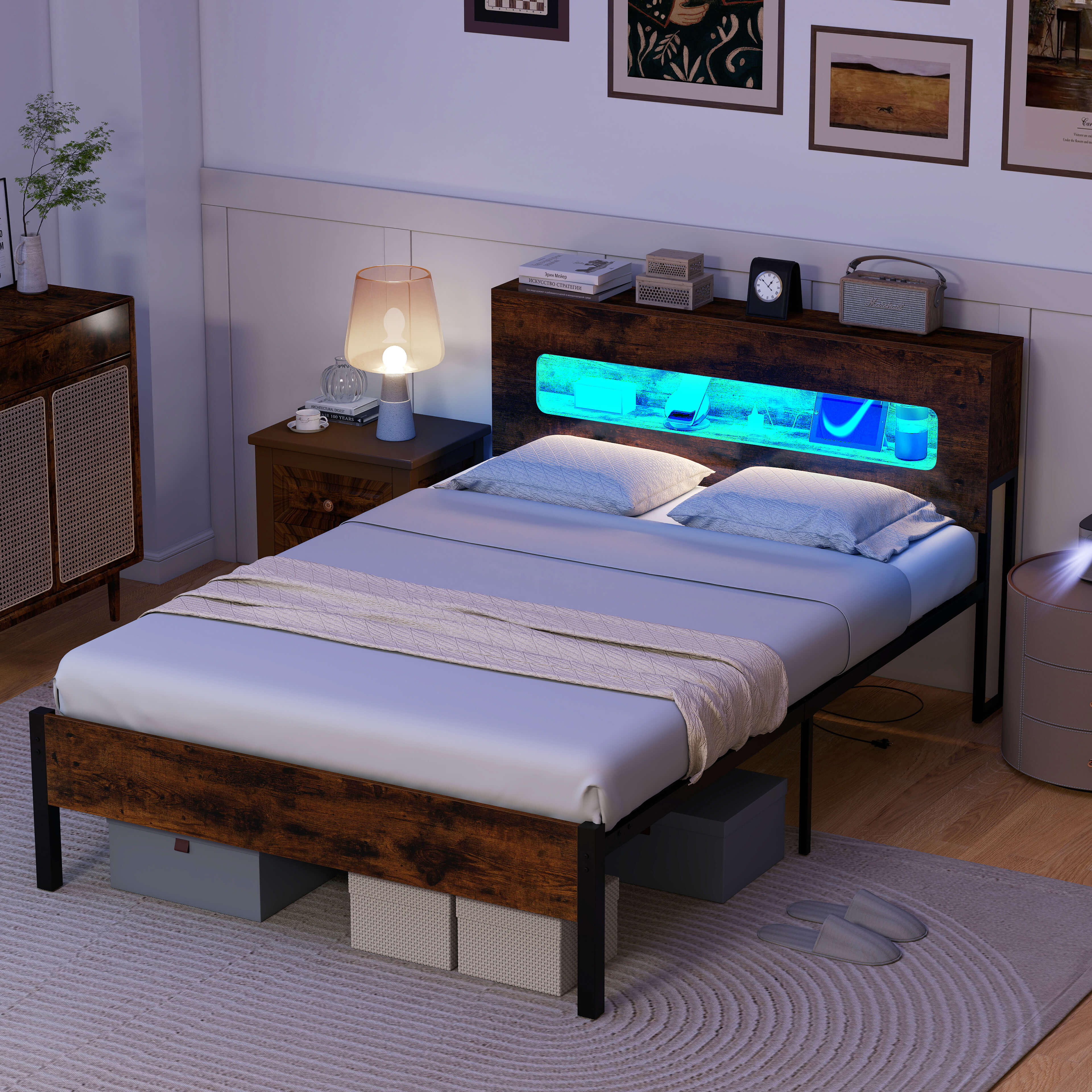 Alt View 5. Costway - Costway Full Bed Frame with LED Lights Storage Headboard Power Outlets Strong Metal Support - Brown.