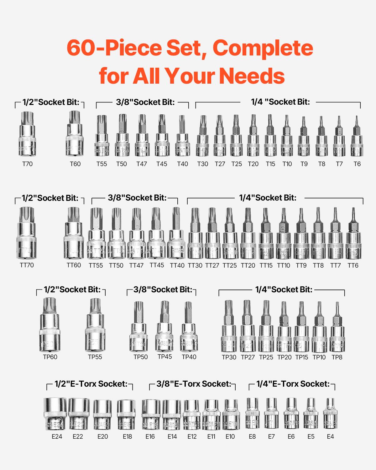 60-Piece Set, Complete for All Your Needs

1/2" Socket Bit:  
T70 T60 T55 T50 T47 T45 T40 T30 T27 T25 T20 T15 T10 T9 T8 T7 T6

3/8" Socket Bit:  
T70 T60 T55 T50 T47 T45 T40 T30 T27 T25 T20 T15 T10 T9 T8 T7 T6

1/4" Socket Bit:  
T30 T27 T25 T20 T15 T10 T9 T8 T7 T6

1/2" Socket Bit:  
TT70 TT60 TT55 TT50 TT47 TT45 TT40 TT30 TT27 TT25 TT20 TT15 TT10 TT9 TT8 TT7 TT6

3/8" Socket Bit:  
TT30 TT27 TT25 TT20 TT15 TT10 TT9 TT8 TT7 TT6

1/4" Socket Bit