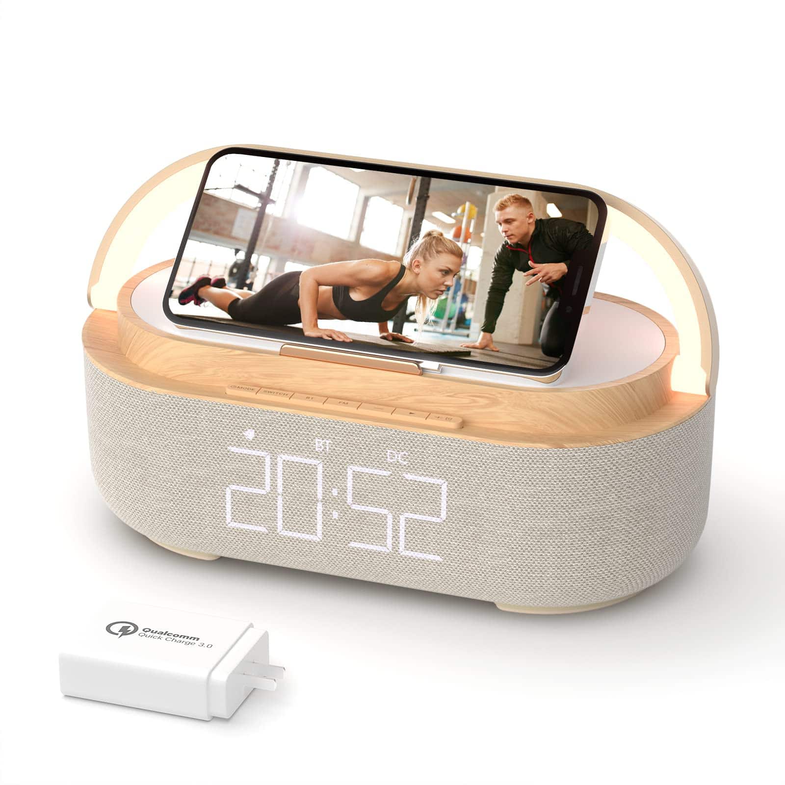 Dazzed Corner - Bluetooth Alarm Clock Speaker with Wireless Charger, FM Radio - Beige