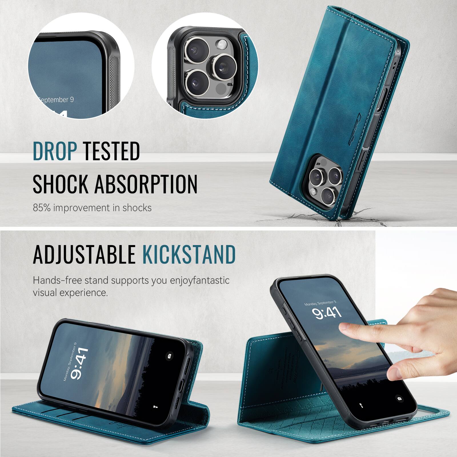 September 9

DROP TESTED  
SHOCK ABSORPTION  
85% improvement in shocks

ADJUSTABLE KICKSTAND  
Hands-free stand supports you enjoy fantastic visual experience.