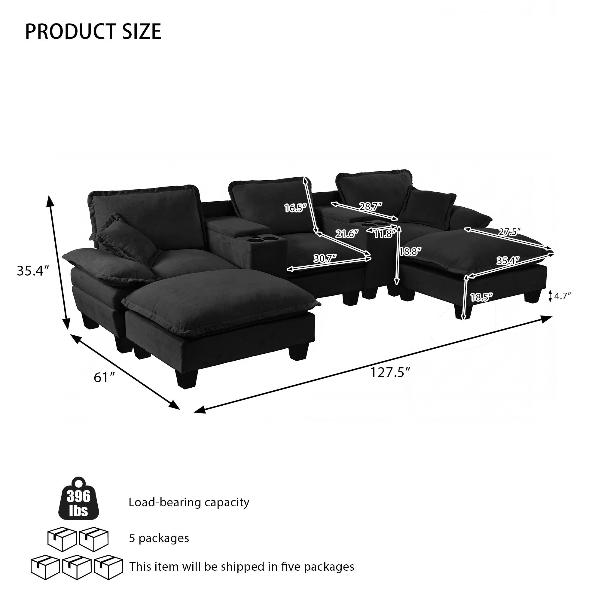 PRODUCT SIZE

- 16.5"
- 28.7"
- 35.4"
- 21.6"
- 11.8"
- 18.8"
- 27.5"
- 35.4"
- 4.7"
- 61"
- 127.5"
- 396 lbs

Load-bearing capacity

5 packages

This item will be shipped in five packages