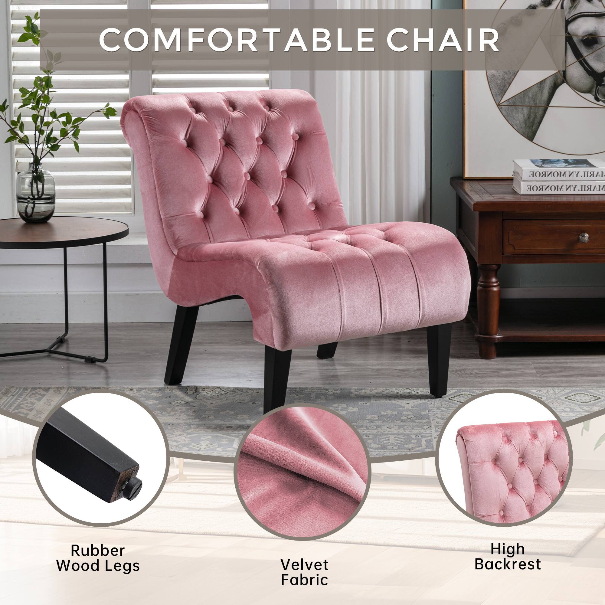 COMFORTABLE CHAIR

- Rubber Wood Legs
- Velvet Fabric
- High Backrest