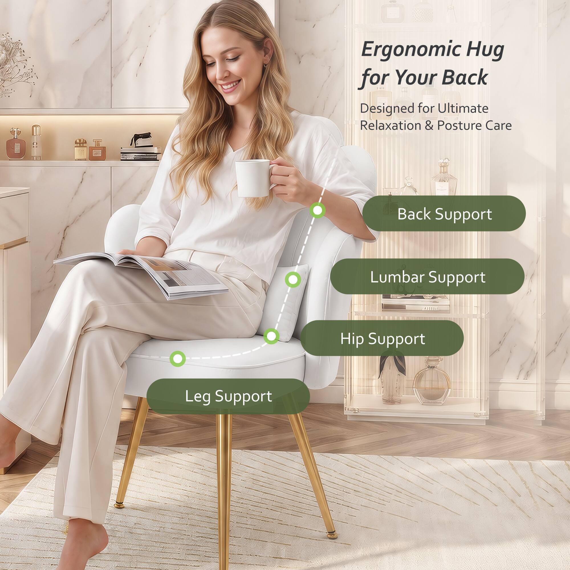 Ergonomic Hug for Your Back  
Designed for Ultimate Relaxation & Posture Care

- Back Support
- Lumbar Support
- Hip Support
- Leg Support