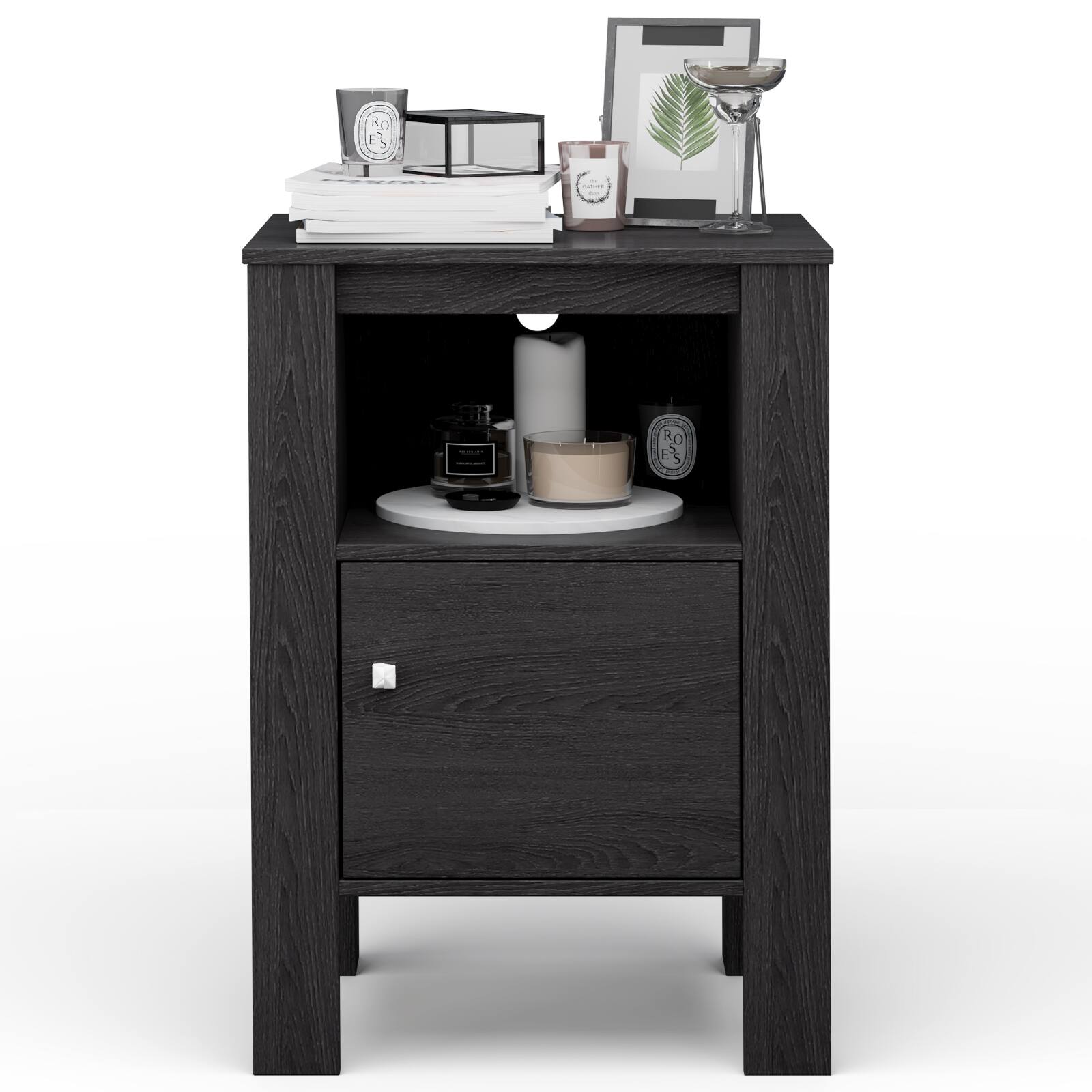 Alt View 6. Gymax - Gymax Set of 2 Nightstand Compact Side Sofa Table Open Shelf & Cabinet - Dark Grey Oak.