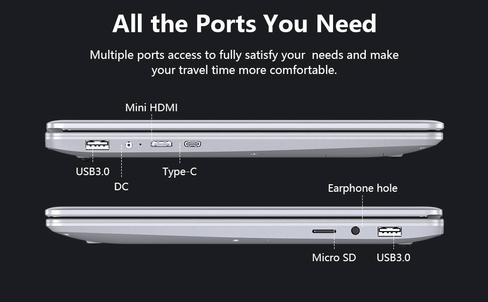 All the Ports You Need

Multiple ports access to fully satisfy your needs and make your travel time more comfortable.

- Mini HDMI
- USB3.0
- DC
- Type-C
- Earphone hole
- Micro SD
- USB3.0