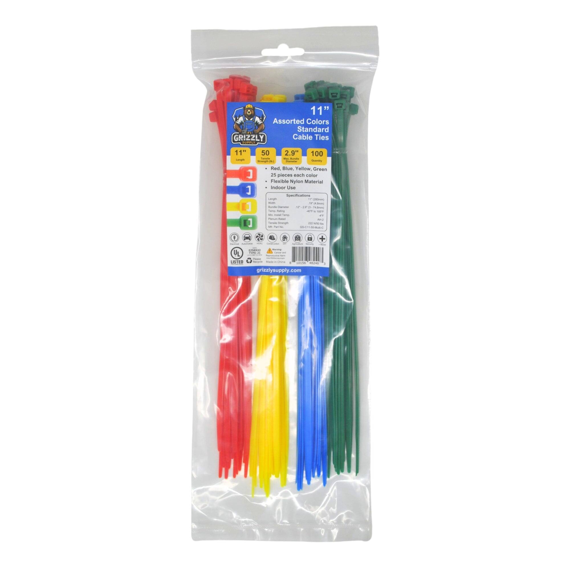 11" Assorted Colors Standard GRIZZLY Cable Ties 11" 50 2.9" 100 - - - - -  Red, Blue, Yellow, Green 25 pieces each color Flexible Nylon Material Indoor Use ] Specifications - - - - ! 1 - - - - - oF - - - - .. - - -  I - - - - - 2  - MA f . M - - - P I a LISTER | re - grizzlysupply .m