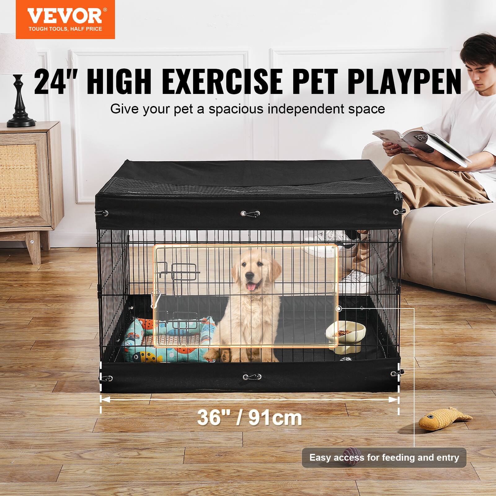 VEVOR TOUGH TOOLS. HALF PRICE 24" HIGH EXERCISE PET PLAYPEN. Give your pet a spacious independent space. 36" / 91cm. Easy access for feeding and entry.