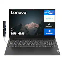 Lenovo - V15 Laptop 15.6 FHD (Intel Celeron N4500, 16GB DDR4, 256GB M.2 PCIe SSD, Intel UHD, Win 11 Pro) w/USB Hub - Black