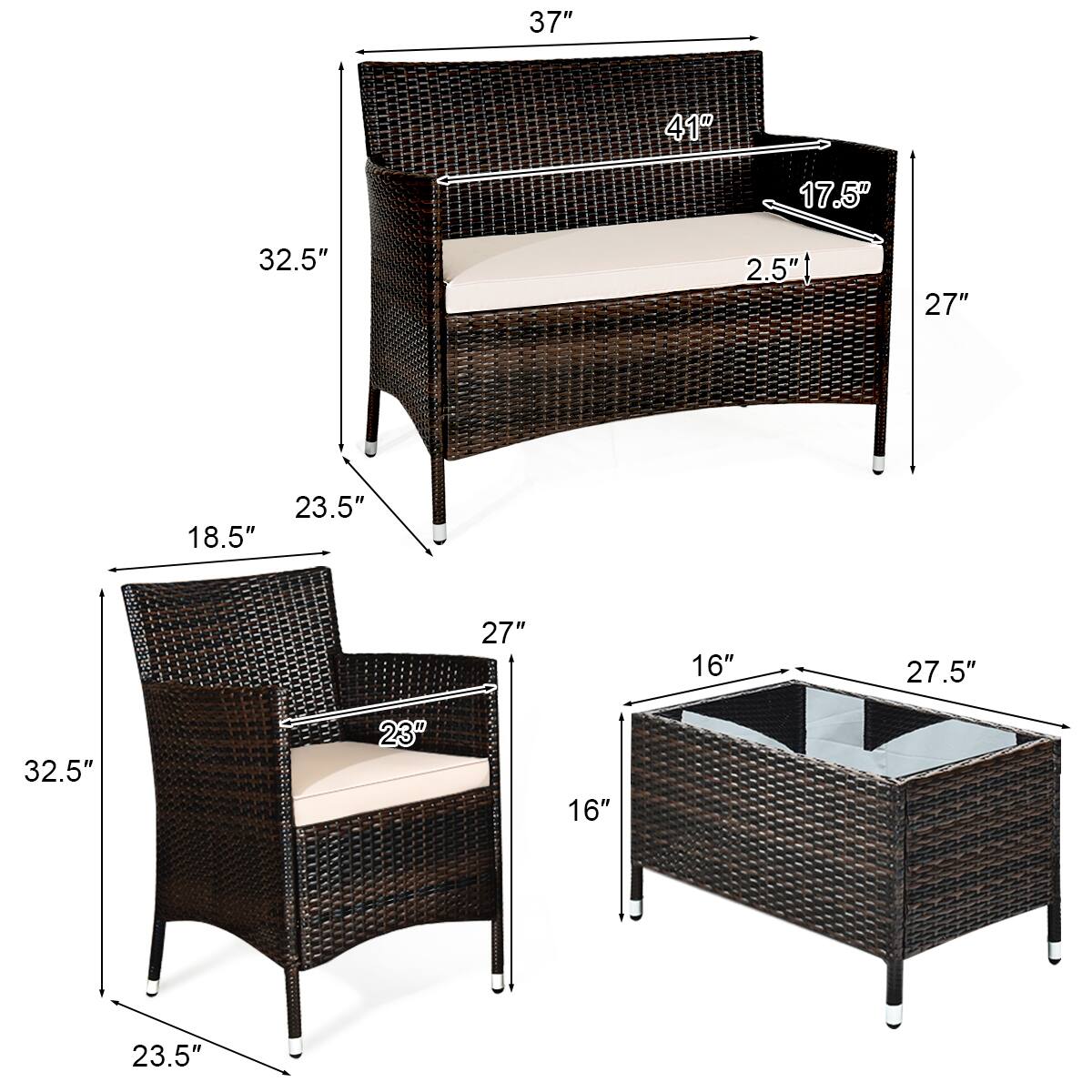 Sure, here are the corrected and grouped measurements from the image:

**Sofa:**
- Width: 37"
- Depth: 41"
- Height: 32.5"
- Seat Height: 17.5"
- Seat Depth: 27"
- Armrest Height: 2.5"

**Armchair:**
- Width: 23.5"
- Depth: 27"
- Height: 32.5"
- Seat Height: 18.5"
- Seat Depth: 22"
- Armrest Height: 23.5"

**Coffee Table:**
- Width: 27.5"
- Depth: 27.5"
- Height: 16"