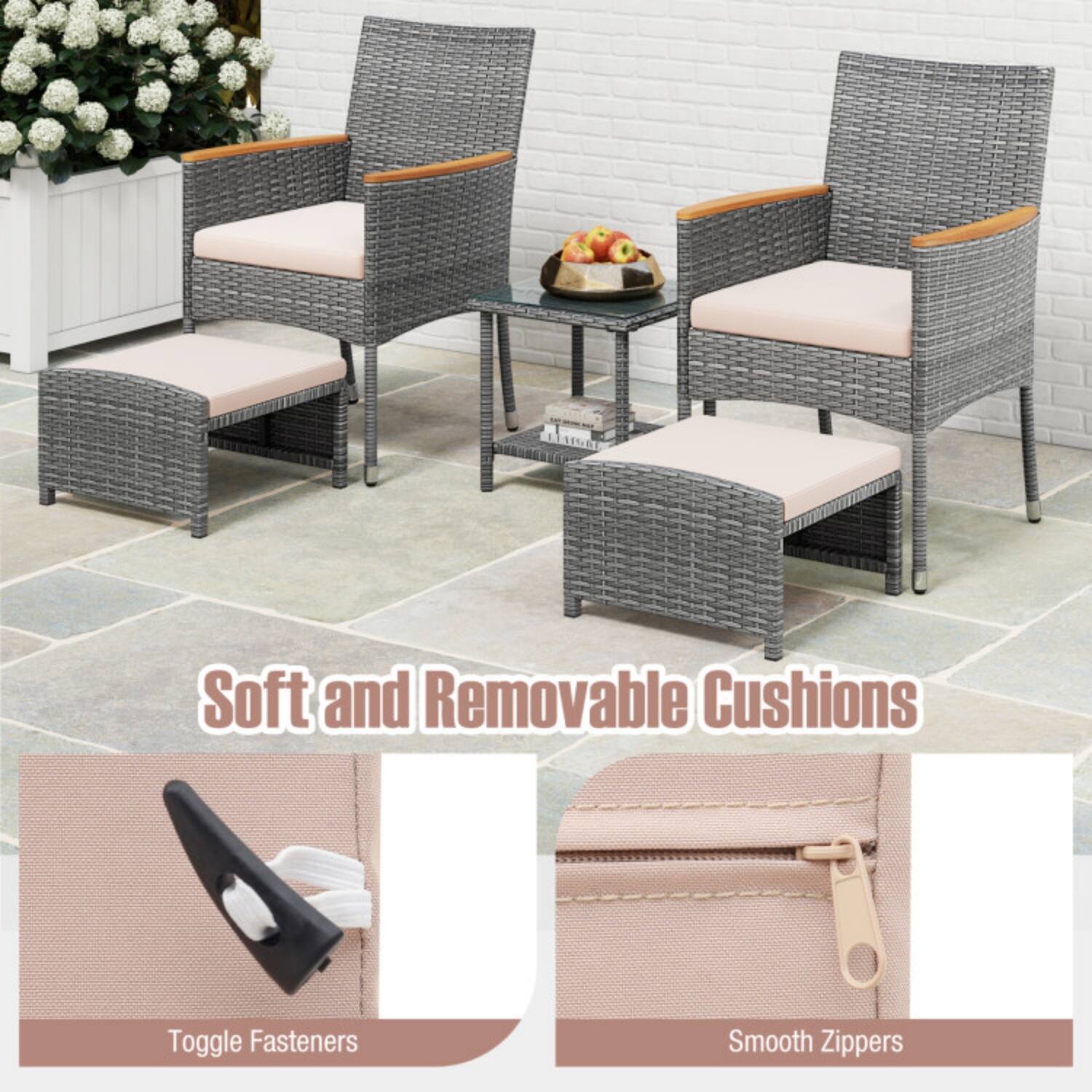 Soft and Removable Cushions

Toggle Fasteners

Smooth Zippers