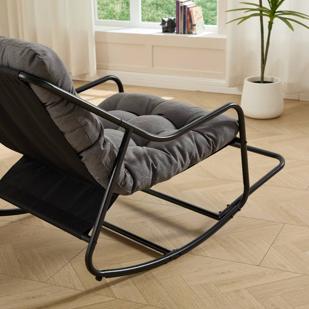 Back. Loheer - Loheer Outdoor Rocking Chair with Thick Grey Cushion, Modern Black Steel Frame Patio Rocker for Living Room and Bedroom - Grey.