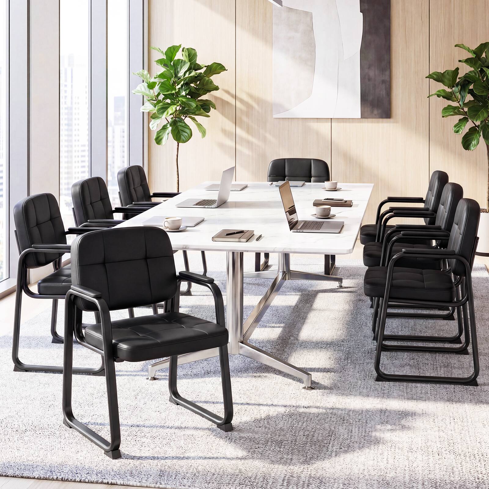 Alt View 1. Costway - Costway Leather Office Reception Chairs Set of 8 withPadded Armrests Sled Base Metal Frame - Black.