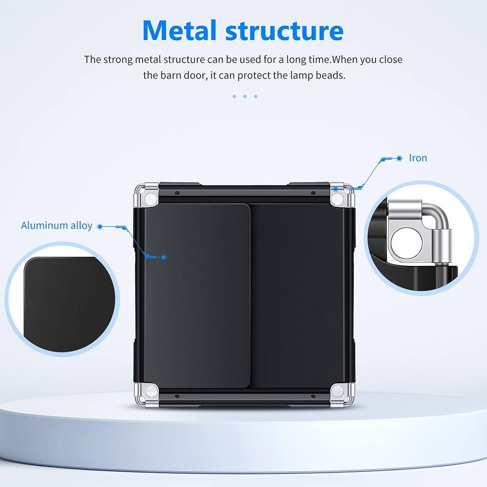Metal structure

The strong metal structure can be used for a long time. When you close the barn door, it can protect the lamp beads.

- Aluminum alloy
- Iron