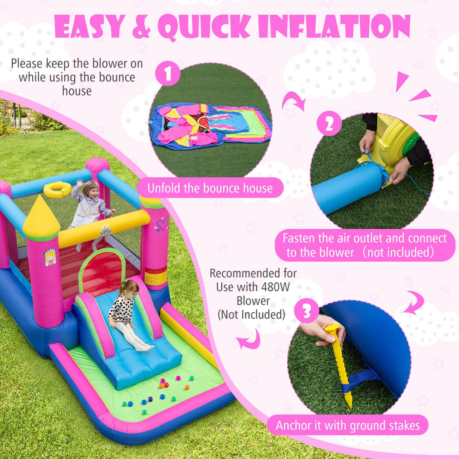 EASY & QUICK INFLATION

1. Please keep the blower on while using the bounce house
   - Unfold the bounce house

2. Fasten the air outlet and connect to the blower (not included)
   - Recommended for use with 480W Blower (Not Included)

3. Anchor it with ground stakes