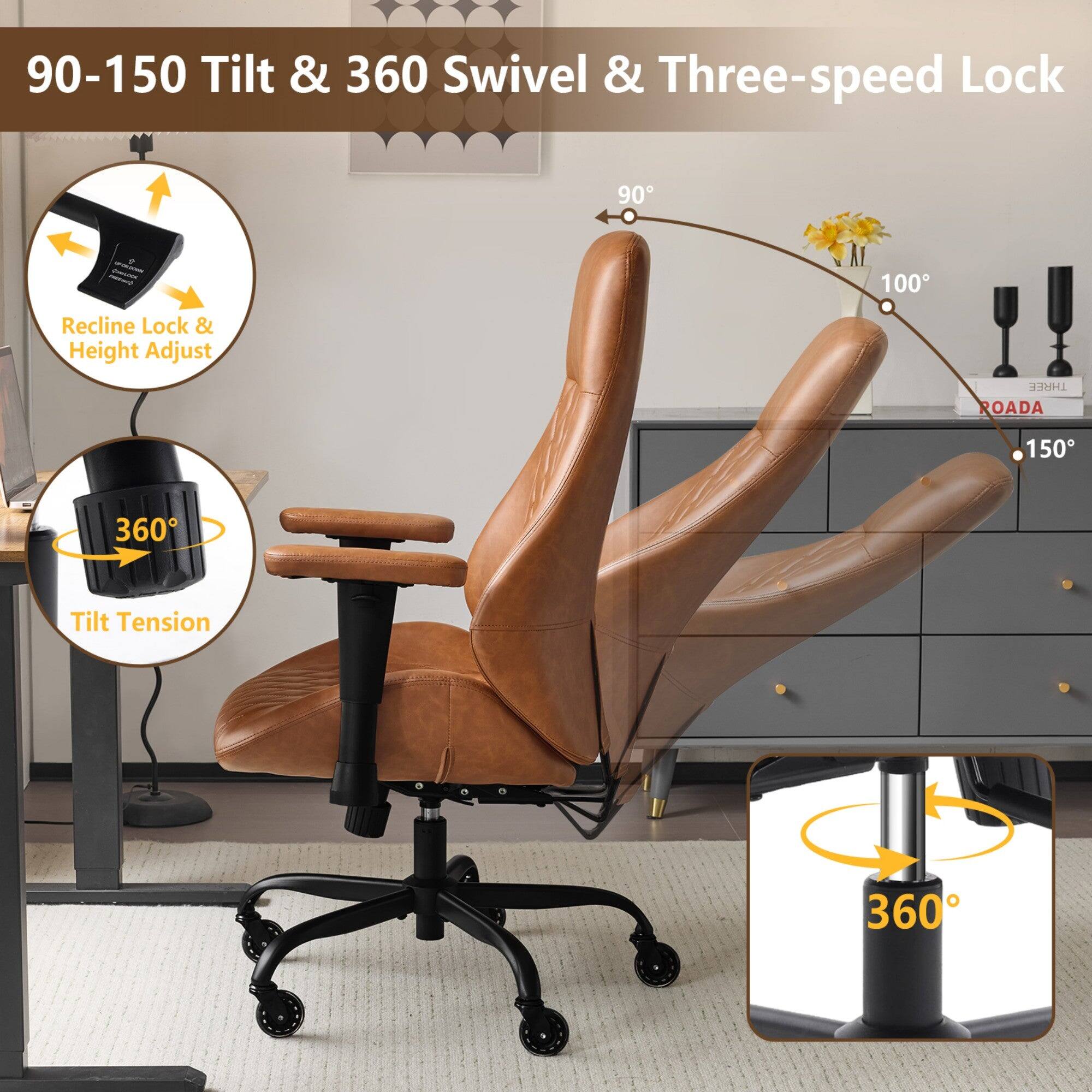 90-150 Tilt & 360 Swivel & Three-speed Lock  
90-150 Tilt & 360 Swivel & Three-speed Lock  
90 P - 100 Recline Lock & Height Adjust  
THREE ROADA  
360 Tilt Tension