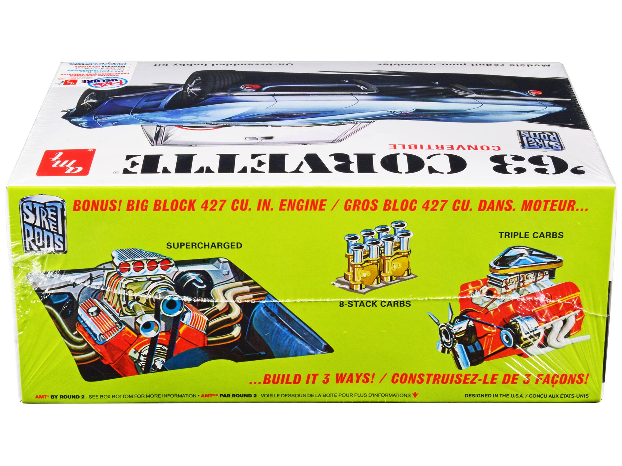 Sure, here is the corrected and grouped text from the image:

---

**STREET RODS**

**BONUS! BIG BLOCK 427 CU. IN. ENGINE / GROS BLOC 427 CU. DANS. MOTEUR...**

**SUPERCHARGED**

**TRIPLE CARBS**

**8-STACK CARBS**

**...BUILD IT 3 WAYS! / CONSTRUISEZ-LE DE 3 FAÇONS!**

**AMT BY ROUND 2 - SEE BOX BOTTOM FOR MORE INFORMATION / AMT PAR ROUND 2 - VOIR LE DESSOUS DE LA BOITE POUR PLUS D'INFORMATIONS**

**DESIGNED IN THE U.S.A. / CONCU AUX ÉTATS-UNIS**

---

This text is organized to reflect the information on the box, including the bonus features, engine details, and assembly options.