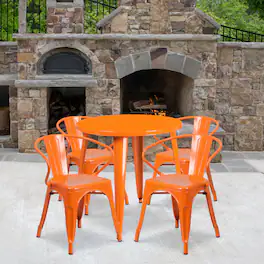 Emma + Oliver - Commercial Grade 30" Round Metal Indoor-Outdoor Table Set with 4 Arm Chairs - Orange