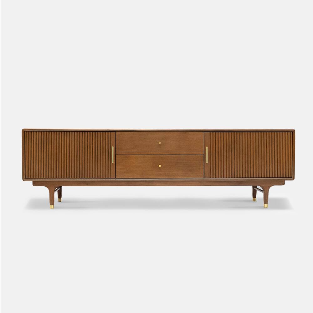 Alt View 2. POVISON - 78.74" Fully-Assembled Mid-Century Fluted TV Stand, Entertainment Center with Double Cabinet Door, Vertical Stripes - Dark Wood.