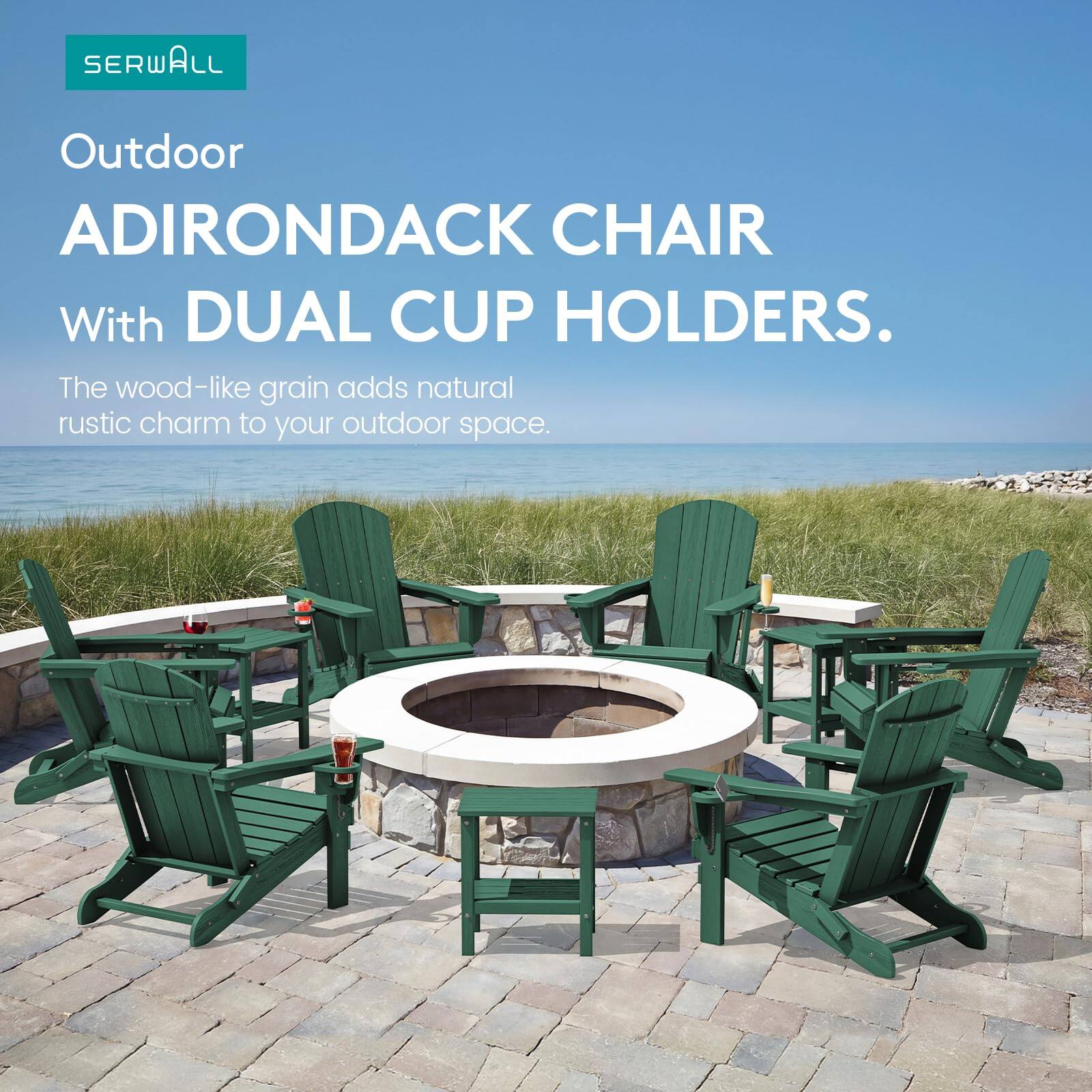 SERWALL Outdoor ADIRONDACK CHAIR With DUAL CUP HOLDERS. The wood-like grain adds natural rustic charm to your outdoor space.