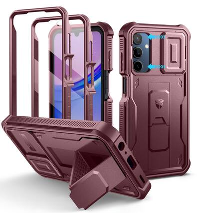 Front. Dexnor - For Samsung Galaxy A15-5G Shockproof Phone Case, 2 Front Frame, Camera Cover, Heavy Duty Military Grade Protection - Maroon Red.