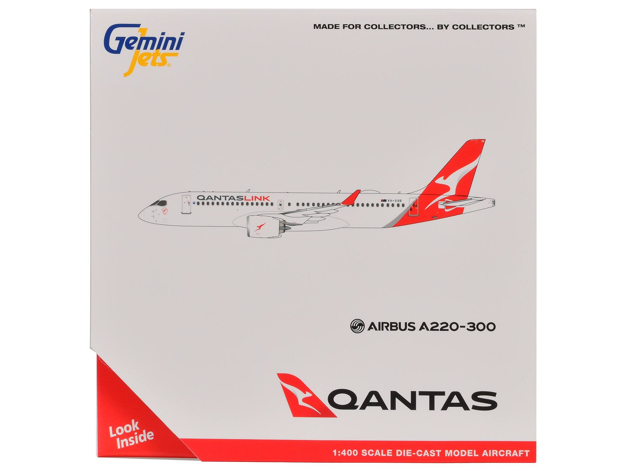 Gemini Jets  
MADE FOR COLLECTORS... BY COLLECTORS™  

QANTASLINK  
VH-XAB  

AIRBUS A220-300  

QANTAS  
1:400 SCALE DIE-CAST MODEL AIRCRAFT  

Look Inside