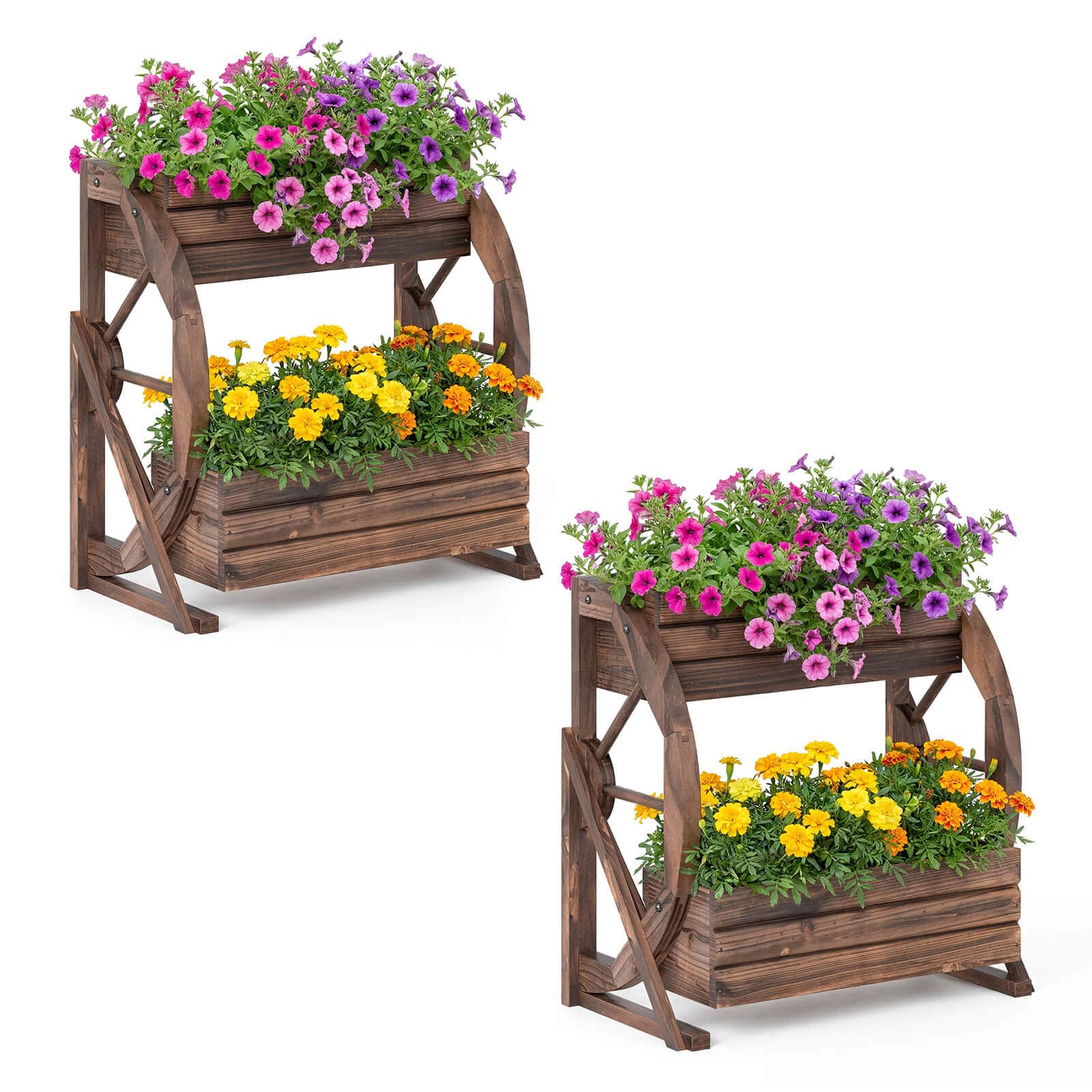 Costway - 2 PCS 2-Tier Rustic Wood Wagon Planter with Drainage Semi-Wheels, Raised Bed for Yard - Coffee price history on PriceWatchPro
