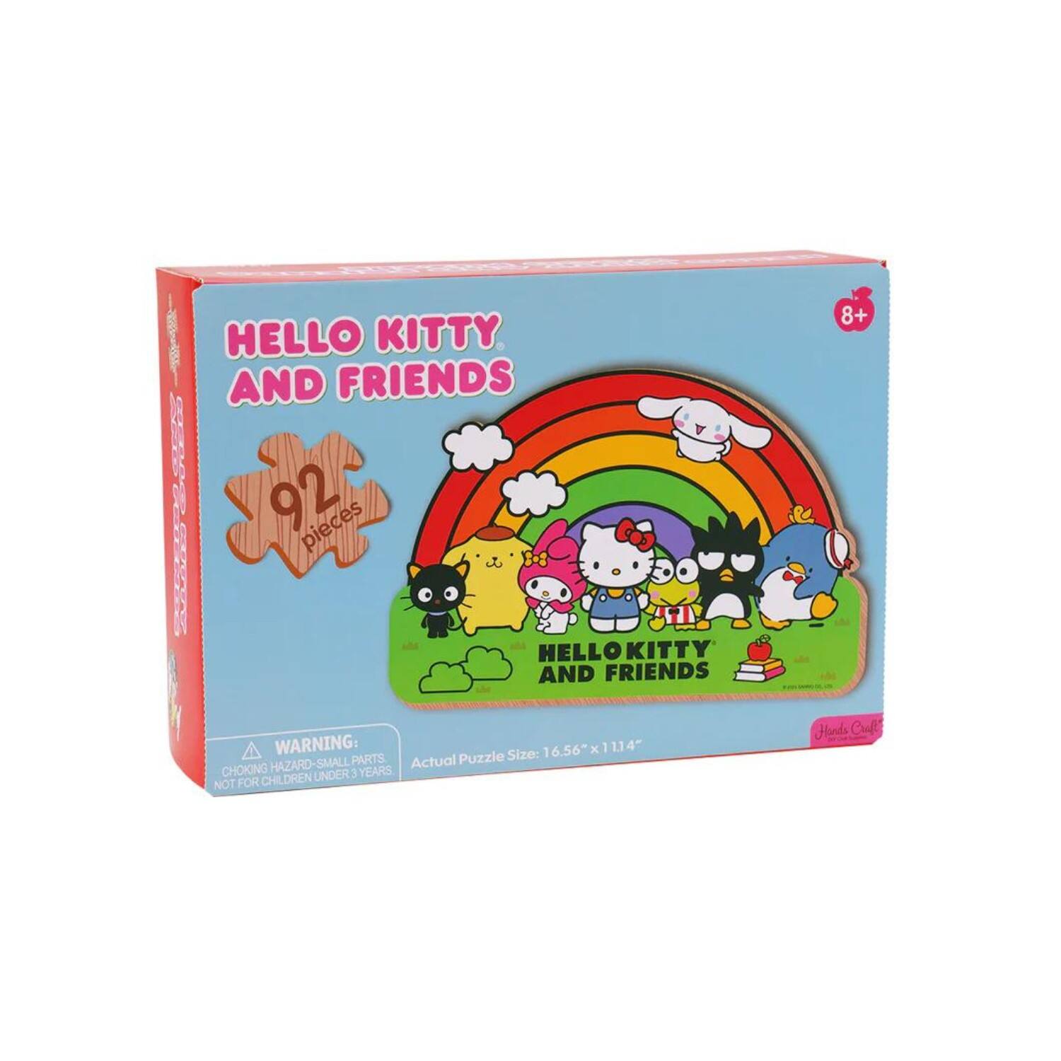 HELLO KITTY AND FRIENDS  
92 pieces  

HELLO KITTY AND FRIENDS  

WARNING: CHOKING HAZARD - SMALL PARTS. NOT FOR CHILDREN UNDER 3 YEARS  

Actual Puzzle Size: 16.56" x 11.14"  

Hands Craft  

8+