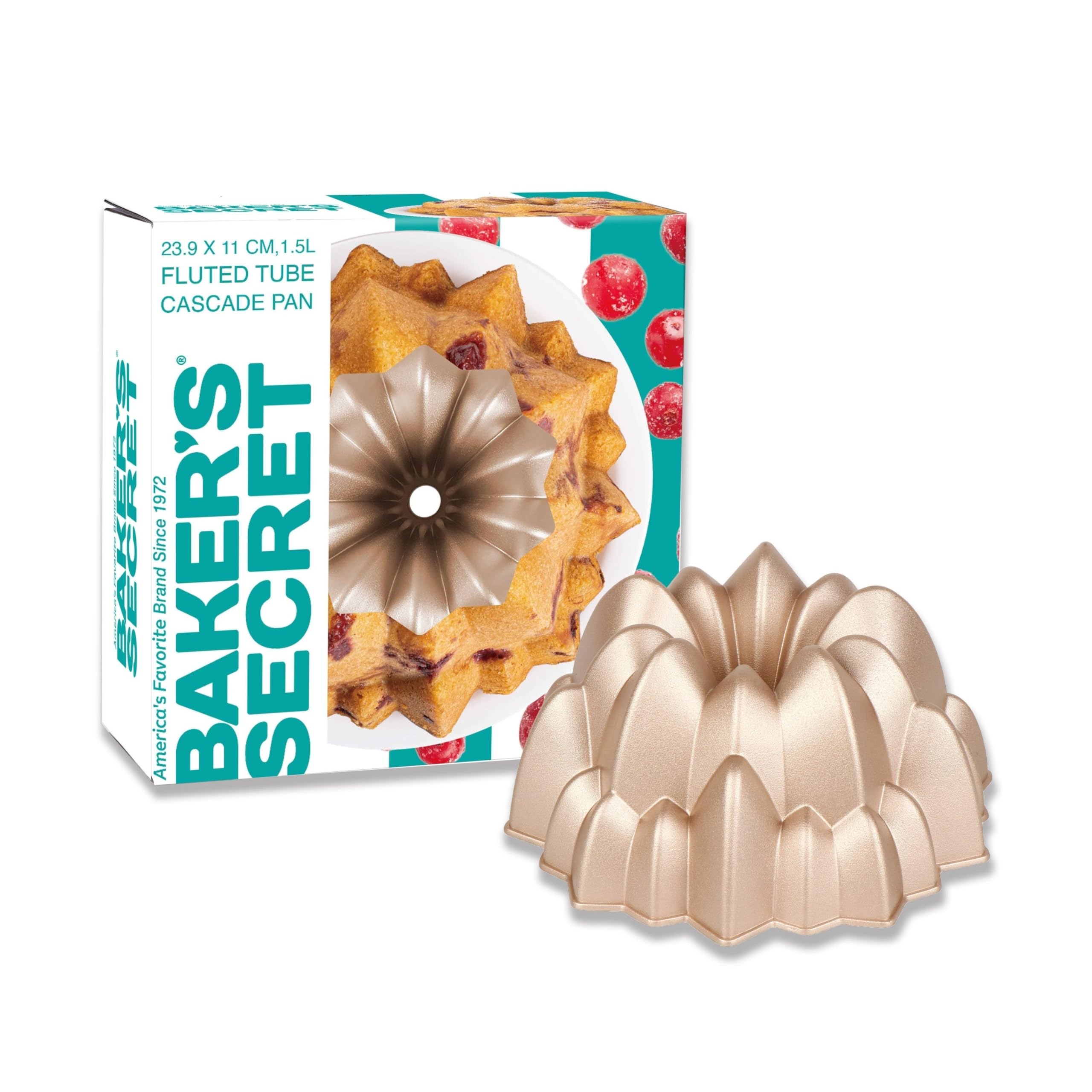 BAKER'S SECRET  
America's Favorite Brand Since 1972  

23.9 X 11 CM, 1.5L  
FLUTED TUBE CASCADE PAN