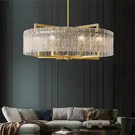 Siljoy - 33-Inch 8-Light Cracked Glass Crystal Chandelier, Height Adjustable for Dining Living Room Kitchen Island - Gold
