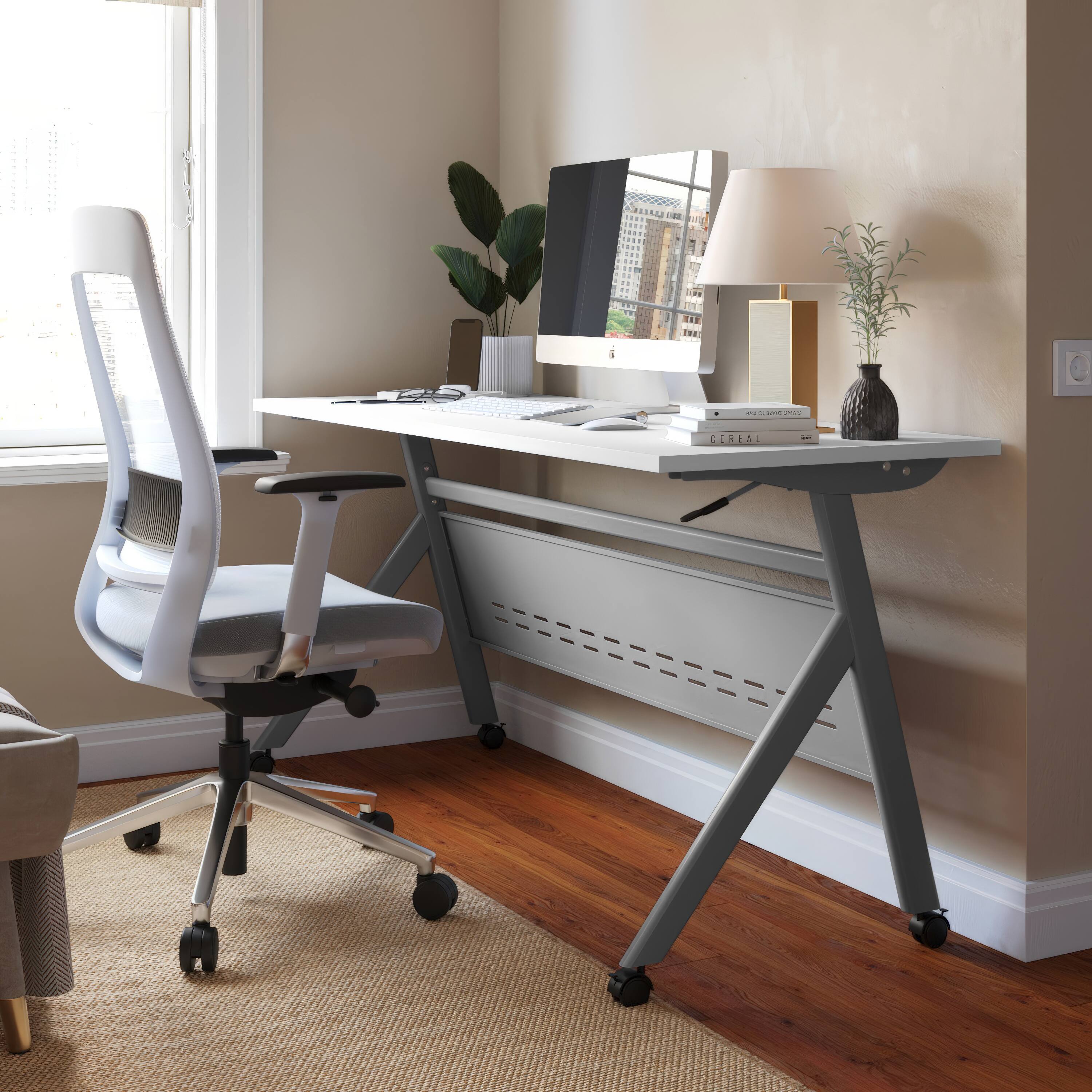 Alt View 1. Emma + Oliver - Griffin Heavy-Duty Flip Top Training Table with Nesting Design, Privacy Panel, Y-Legs, Tabletop, Metal Frame - White Top/Gray Frame.