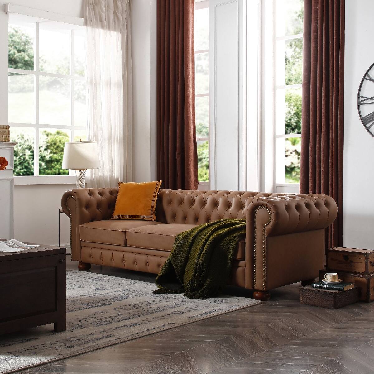 Angle. Ropilly - Ropilly Brown Chesterfield Sofa Faux Leather Three Seat Living Room Couch - Brown.