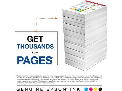 GET THOUSANDS OF PAGES*

*Part of the ink from the included bottles is used for initial setup yields are lower than those of replacement ink bottles. Replacement and included ink bottle yields based on the ISO/IEC 24712 pattern with Epson's methodology. Actual ink yields will vary considerably for reasons including images printed, print settings, temperature and humidity. Yields may be lower when printing frequently or printing in color. All ink colors must be available for printing and printer maintenance. For more information, visit www.epson.com/inkinfo

GENUINE EPSON INK