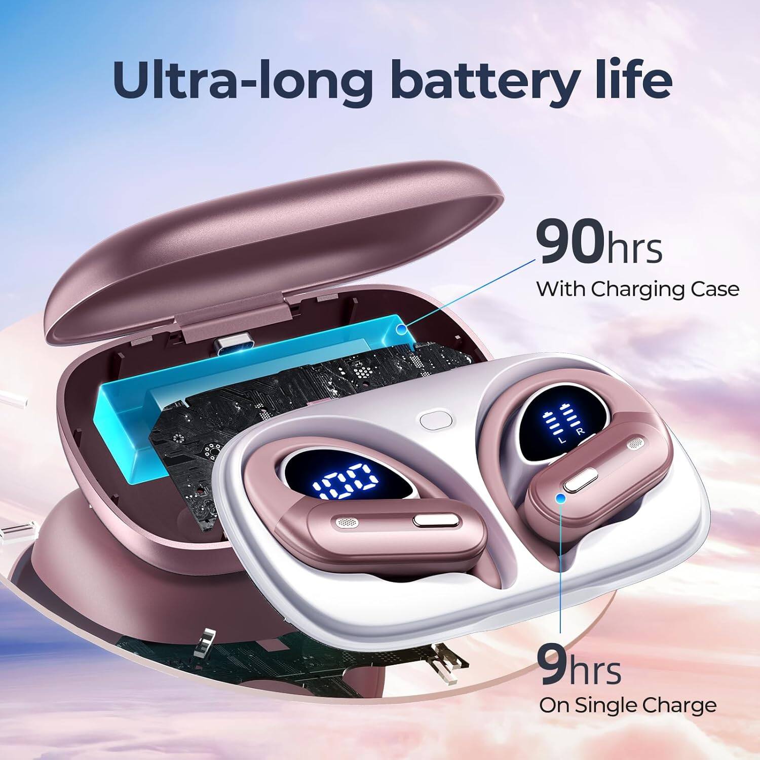 Ultra-long battery life

90hrs  
With Charging Case

9hrs  
On Single Charge