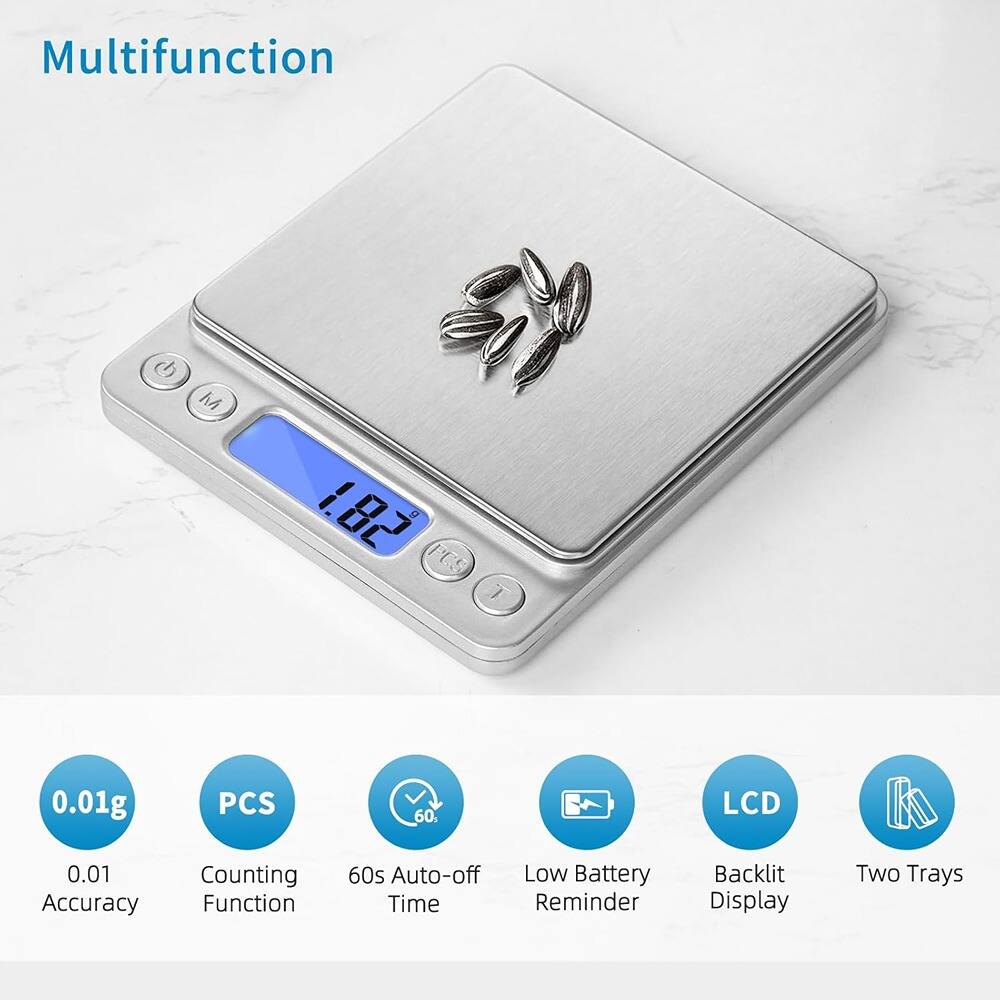 Multifunction

- 0.01g Accuracy
- Counting Function
- 60s Auto-off Time
- Low Battery Reminder
- Backlit Display
- Two Trays