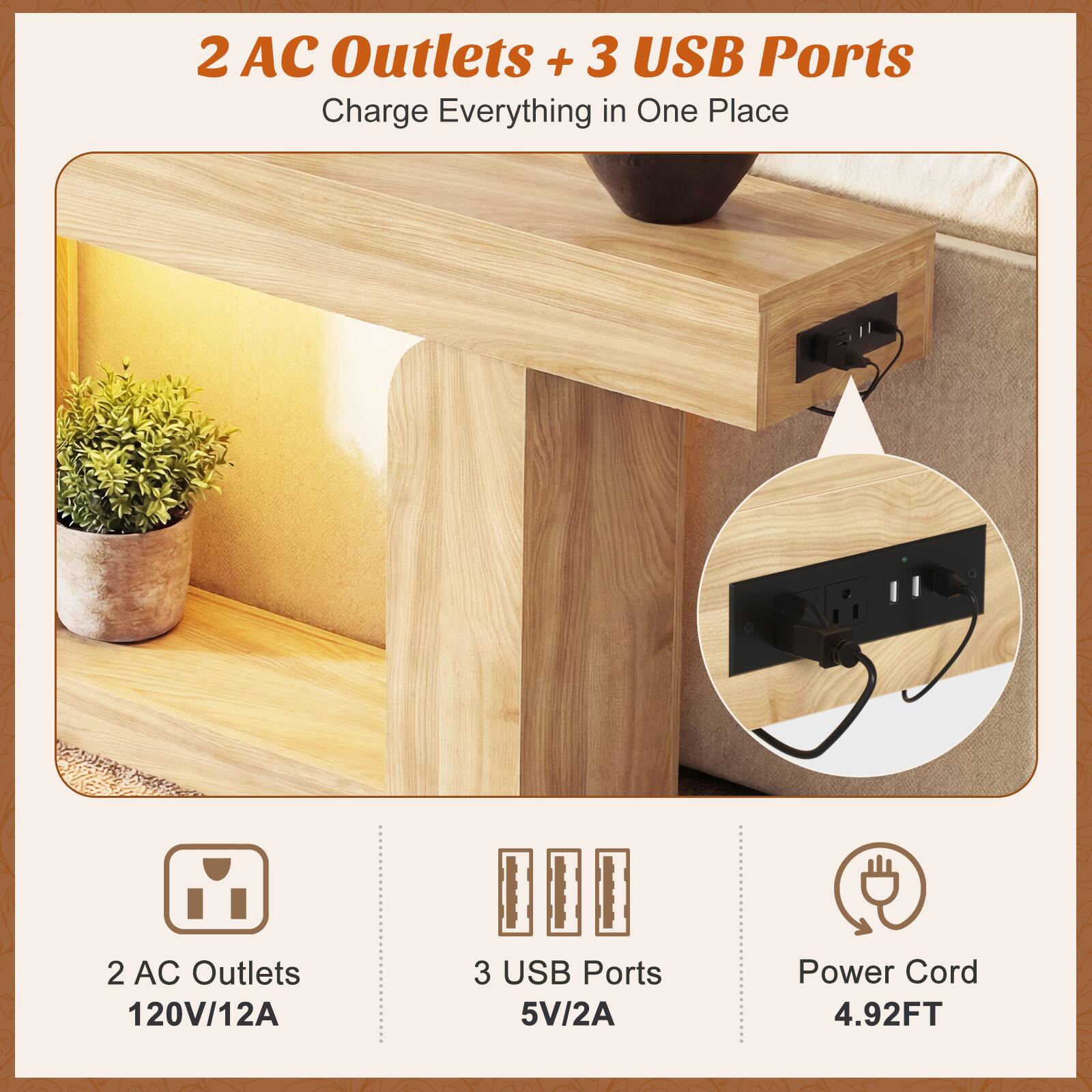2 AC Outlets + 3 USB Ports  
Charge Everything in One Place  

2 AC Outlets  
120V/12A  

3 USB Ports  
5V/2A  

Power Cord  
4.92FT