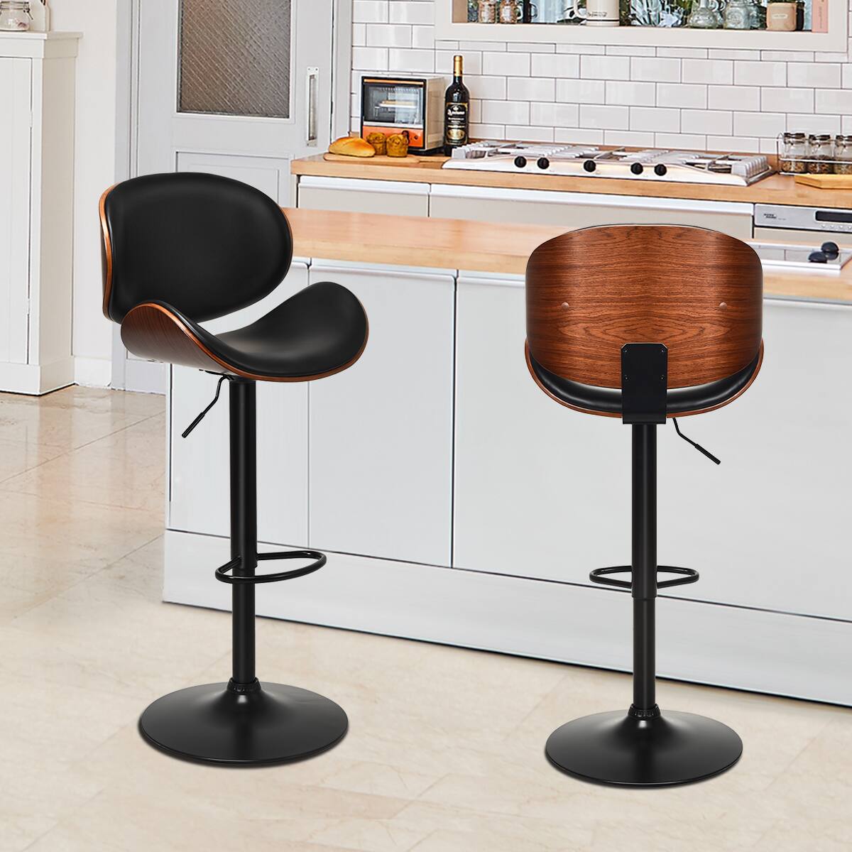 Alt View 3. Costway - Costway Set of 2 Bentwood Barstool Mid-Century Adjustable Swivel PU Leather Curved Back - Brown.